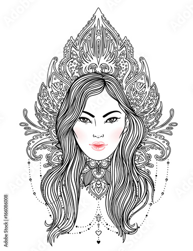 Tribal Fusion Boho Diva. Beautiful divine girl with ornate crown, kokoshnik inspired. Bohemian goddess. Hand drawn elegant illustration.