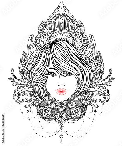 Tribal Fusion Boho Diva. Beautiful divine girl with ornate crown, kokoshnik inspired. Bohemian goddess. Hand drawn elegant illustration.