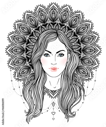 Tribal Fusion Boho Diva. Beautiful divine girl with ornate crown, kokoshnik inspired. Bohemian goddess. Hand drawn elegant illustration.