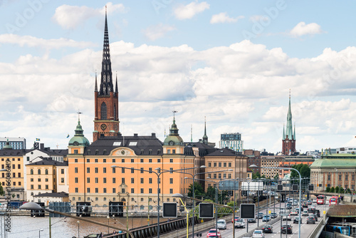 View over Riddarholmen island, church and City Hall. City center of Stockholm, Sweden