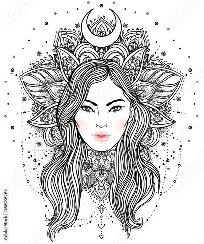 Tribal Fusion Boho Diva. Beautiful divine girl with ornate crown, kokoshnik inspired. Bohemian goddess. Hand drawn elegant illustration.