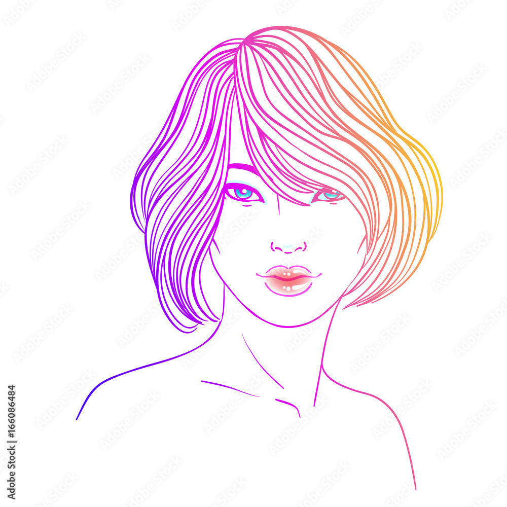 Fashion illustration. Hairstyle, dyed blue hair. Hand drawn vector art isolated on white. Skincare, professional hairdressing, beauty salon concept. Coloring book for kids and adults. Fashion illustration. Hairstyle, dyed blue hair. Hand drawn vector art isolated on white. Skincare, professional hairdressing, beauty salon concept. Coloring book for kids and adults.