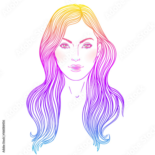 Young Caucasian woman with long hair Fashion vector illustration isolated on white. Face chart. Skincare, professional hairdressing, beauty salon concept.