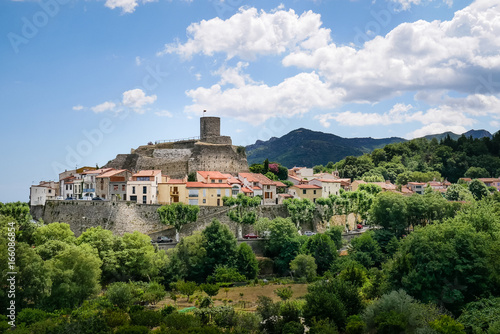 Traditional catalan village in south of France with old fort at Laroque des Albères