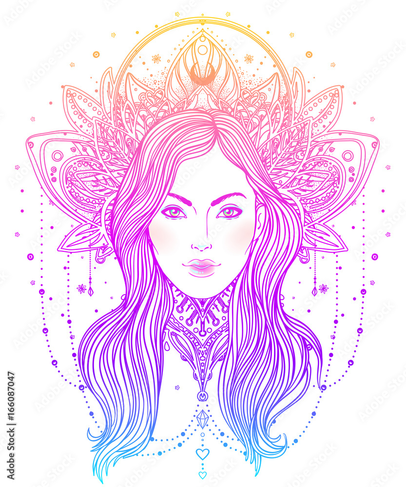 Tribal Fusion Boho Diva. Beautiful Asian divine girl with ornate crown, kokoshnik inspired. Bohemian goddess. Hand drawn elegant illustration. Tribal Fusion Boho Diva. Beautiful Asian divine girl with ornate crown, kokoshnik inspired. Bohemian goddess. Hand drawn elegant illustration.