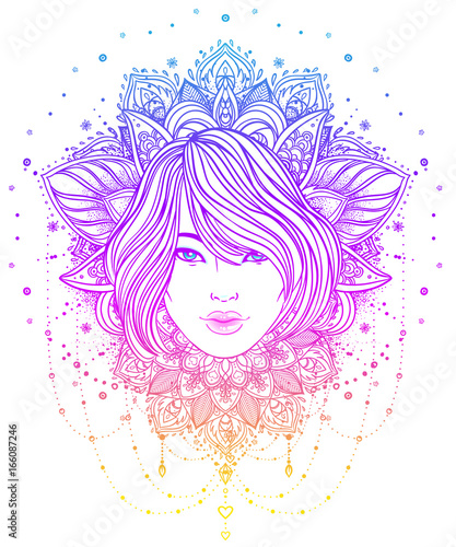Tribal Fusion Boho Diva. Beautiful Asian divine girl with ornate crown, kokoshnik inspired. Bohemian goddess. Hand drawn elegant illustration.