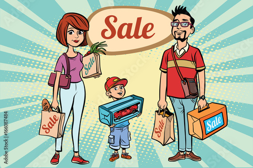 family dad mom and son with shopping on sale