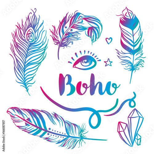 Boho chic dreamcatcher illustration set. Hindu paisley motifs. Gold spirituality, prints, ornamental floral elements with henna design, golden stickers, flash temporary tattoo.