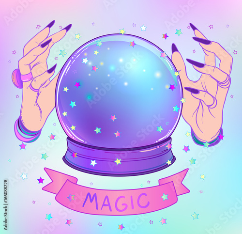 Crystal Ball with purple female alien hands over gradient mesh background. Creepy cute vector illustration. Gothic design, mystic magician symbol, pastel colors.