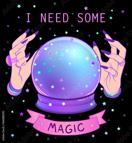 Crystal Ball with purple female alien hands over gradient mesh background. Creepy cute vector illustration. Gothic design, mystic magician symbol, pastel colors.