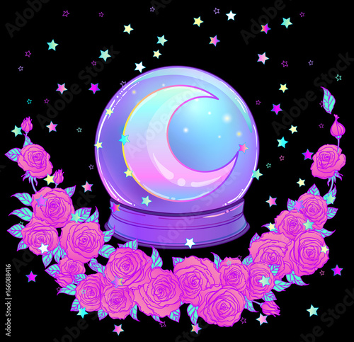 Crystal Ball with with rainbow moon and colorful stars isolated on white. Creepy cute vector illustration. Gothic design, mystic magic symbol, pastel colors.