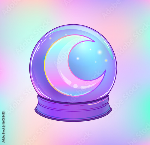 Crystal Ball with with rainbow moon and colorful stars isolated on white. Creepy cute vector illustration. Gothic design, mystic magic symbol, pastel colors.