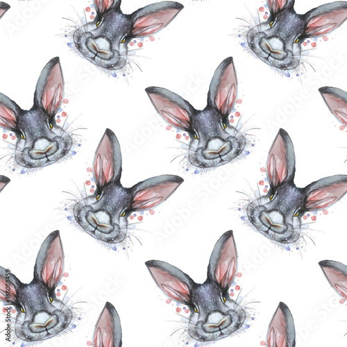 Painted drawing with watercolor seamless pattern portrait of an animal mammal rabbit hare in bed colors on a white background with splashes and divorces for a pattern, design and decor, print