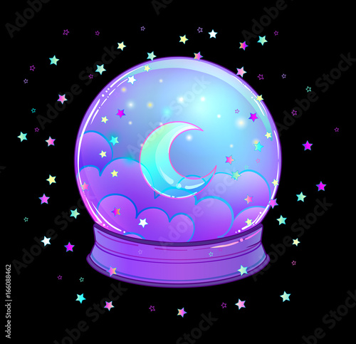 Crystal Ball with with rainbow moon and colorful stars isolated on white. Creepy cute vector illustration. Gothic design, mystic magic symbol, pastel colors.
