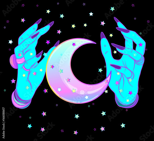 Turquoise female alien hands with moon on black. Creepy cute vector illustrat...
