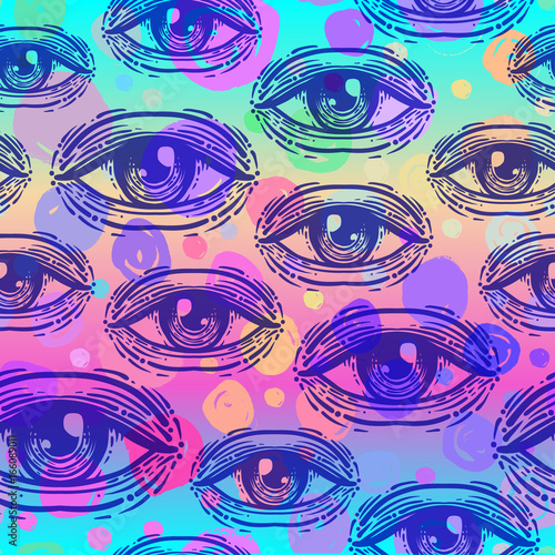 Eyes, seamless pattern in vintage psychedelic style. Ethnic background for te...