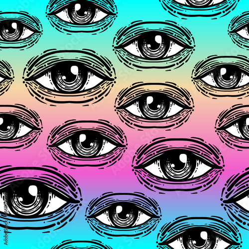 Eyes, seamless pattern in vintage psychedelic style. Ethnic background for te...
