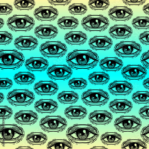 Eyes, seamless pattern in vintage psychedelic style. Ethnic background for te...