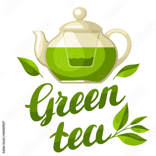 Green tea. Illustration with kettle of tea and hand written lettering text