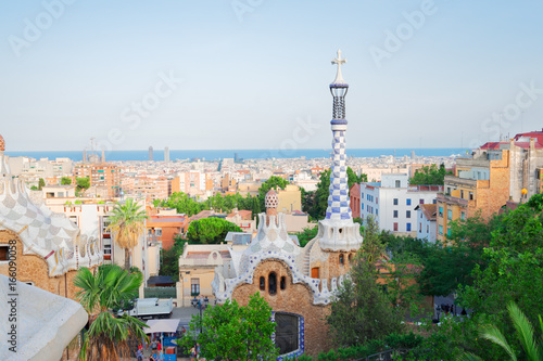 Gaudi spires and cityscape of Barcelona from park Guell, Spain