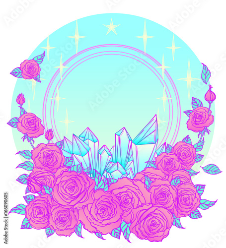 Mystical background with sky, moon and red roses on a white background. Blue ribbon. Tattoo. Hipster style, pastel goth, vibrant colors.