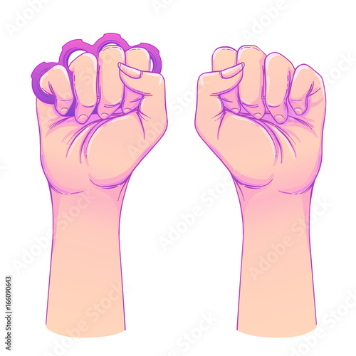 Woman's hand with brass knuckles. Fist raised up. Girl Power. Feminism concept. Realistic style vector illustration in pink and purple pastel goth colors isolated on white.