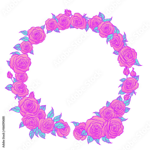 Mystical background with sky, moon and red roses on a white background. Blue ribbon. Tattoo. Hipster style, pastel goth, vibrant colors.