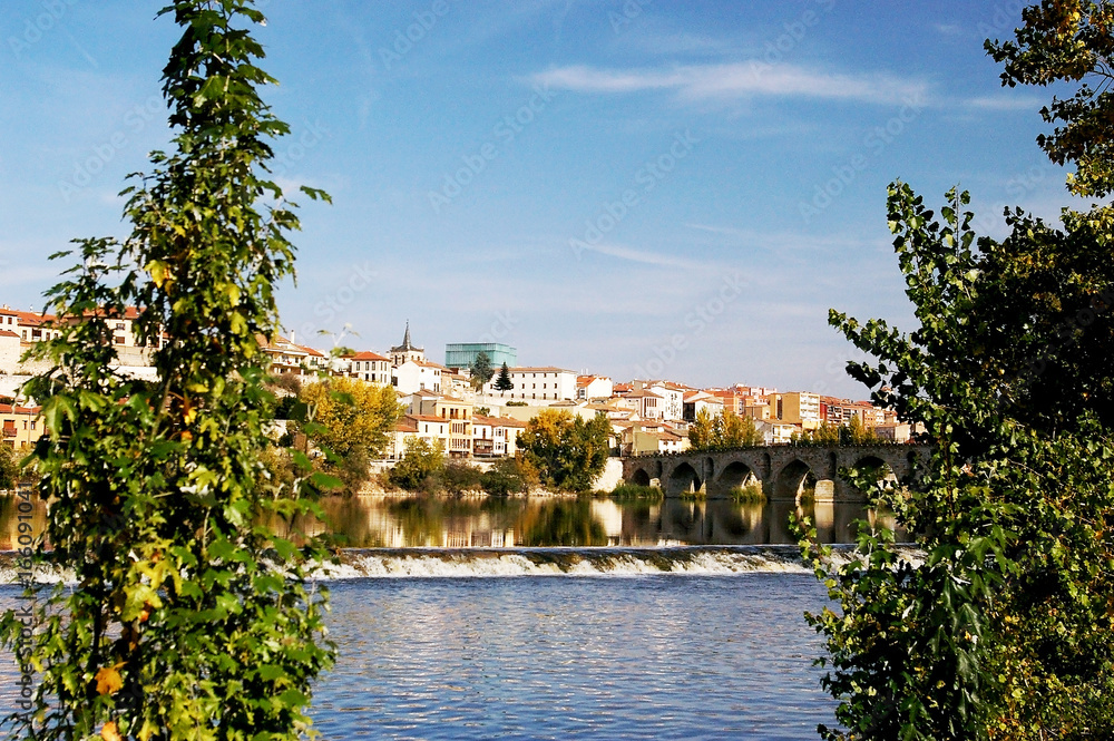 La ciudad de Zamora desde el puente de piedra sobre el río Duero