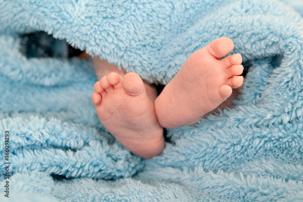 Cute infant heels in blue blanket Cute infant heels in blue blanket