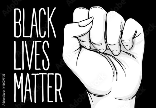 African American Woman's hand with her fist raised up. Girl Power. Feminism, anti-racism concept. Realistic style vector illustration in pink on white.