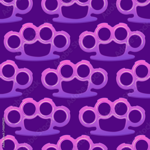 Fight like a girl. Seamless Pattern. Purple brass knuckles icon in cartoon style