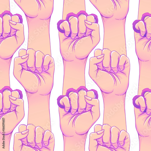 Woman's hand with brass knuckles. Fist raised up. Girl Power. Feminism concept. Realistic style vector illustration in pink and purple pastel goth colors isolated on white.