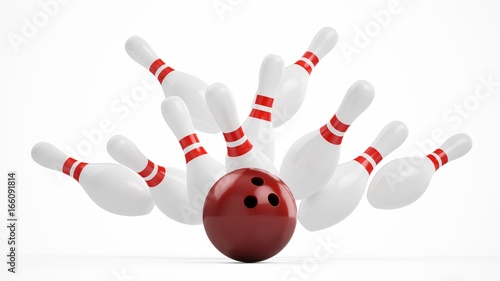 3D rendering Bowling Ball crashing into the pins on white background