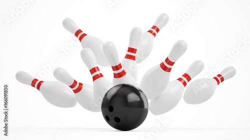 Obraz na plátne 3D rendering Bowling Ball crashing into the pins on white background