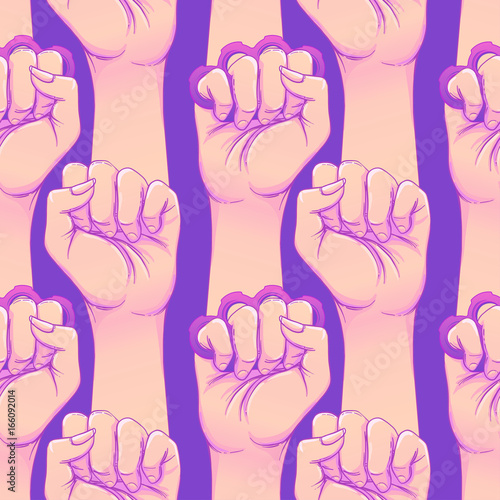 Woman's hand with brass knuckles. Fist raised up. Girl Power. Feminism concept. Realistic style vector illustration in pink and purple pastel goth colors isolated on white.