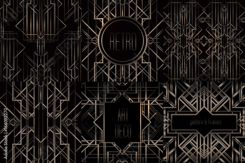 Art Deco vintage patterns and frames. Retro party geometric background set (1920's style). Vector illustration for glamour party