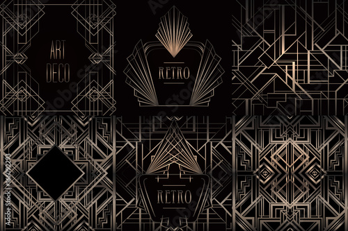 Art Deco vintage patterns and frames. Retro party geometric background set (1920's style). Vector illustration for glamour party
