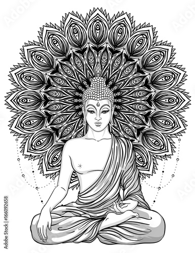 Sitting Buddha over ornate rose flower. Esoteric vintage vector illustration. Indian, Buddhism, spiritual art. Hippie tattoo, spirituality, Thai god, yoga zen