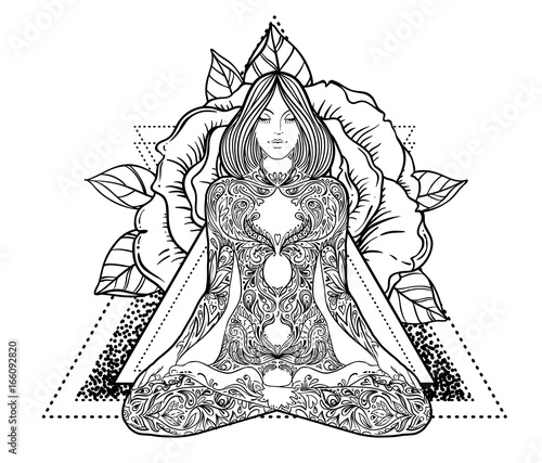Woman ornate silhouette sitting in lotus pose. Meditation, aura and chakras. Vector illustration over rose flower.
