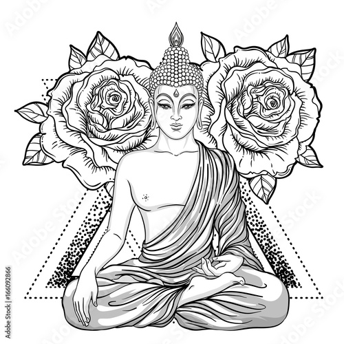 Sitting Buddha over ornate rose flower. Esoteric vintage vector illustration. Indian, Buddhism, spiritual art. Hippie tattoo, spirituality, Thai god, yoga zen