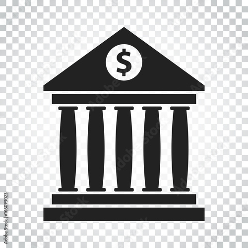 Bank building icon with dollar sign in flat style. Museum vector illustration on isolated background. Simple business concept pictogram.