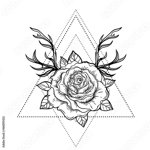 All seeing eye symbol over rose flower and deer antlers. Sacred geometry. Tattoo flash. vector illustration isolated on white. Mystic symbol. New school. Boho design