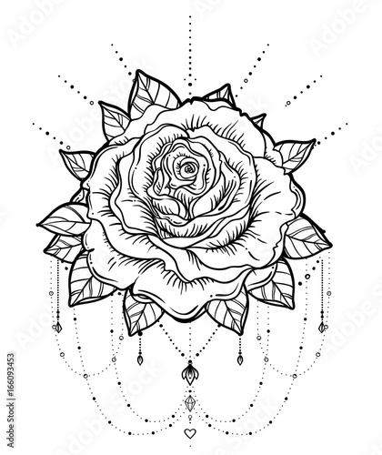 Dream catcher with rose flower, detailed vector illustration isolated on white. Blackwork tattoo flash, mystic symbol. New school dotwork. Boho design.