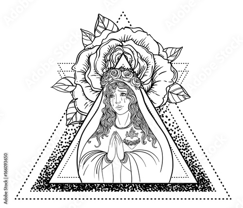 Lady of Sorrow. Devotion to the Immaculate Heart of Blessed Virgin Mary, Queen of Heaven. Vector illustration isolated on white. Coloring book for adults. Sacred geometry.