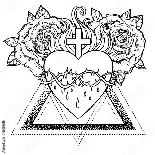 Sacred Heart of Jesus. Vector illustration isolated on white over roses flora...