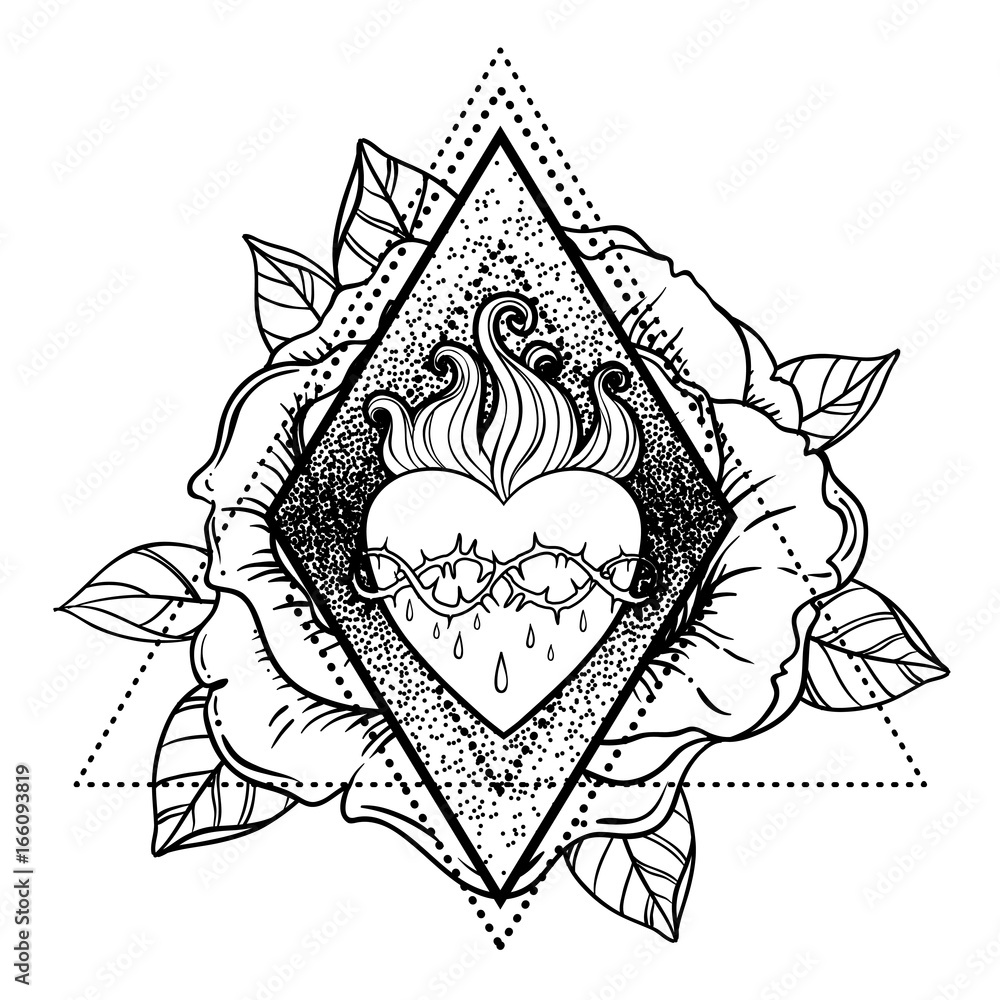 Fototapeta premium Sacred Heart of Jesus. Vector illustration isolated on white over roses floral and geometric background. Vintage style element. Religion, occultism, alchemy, magic, love.