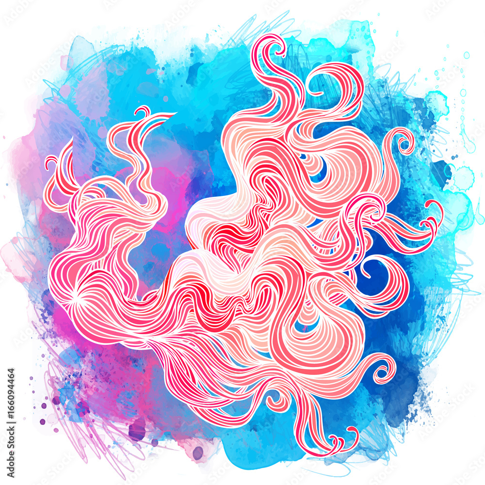 Vector pink abstract hand-drawn pattern with waves and clouds. Stylish illustration in boho style isolated on white. Fabrics, textiles, paper, wallpaper. Retro hand drawn ornament.