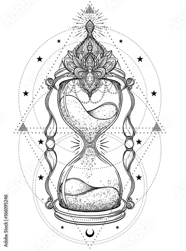 Decorative antique hourglass with roses illustration isolated on white. Hand drawn vector art. Sketch for dotwork tattoo, hipster t-shirt design, vintage style posters.
