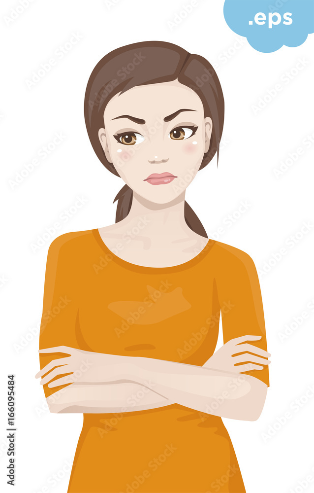 Offended young woman crossed her arms. A girl stands in an orange sweater with her arms crossed over her chest. Offended young woman crossed her arms. A girl stands in an orange sweater with her arms crossed over her chest.
