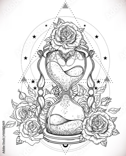 Decorative antique hourglass with roses illustration isolated on white. Hand drawn vector art. Sketch for dotwork tattoo, hipster t-shirt design, vintage style posters.
